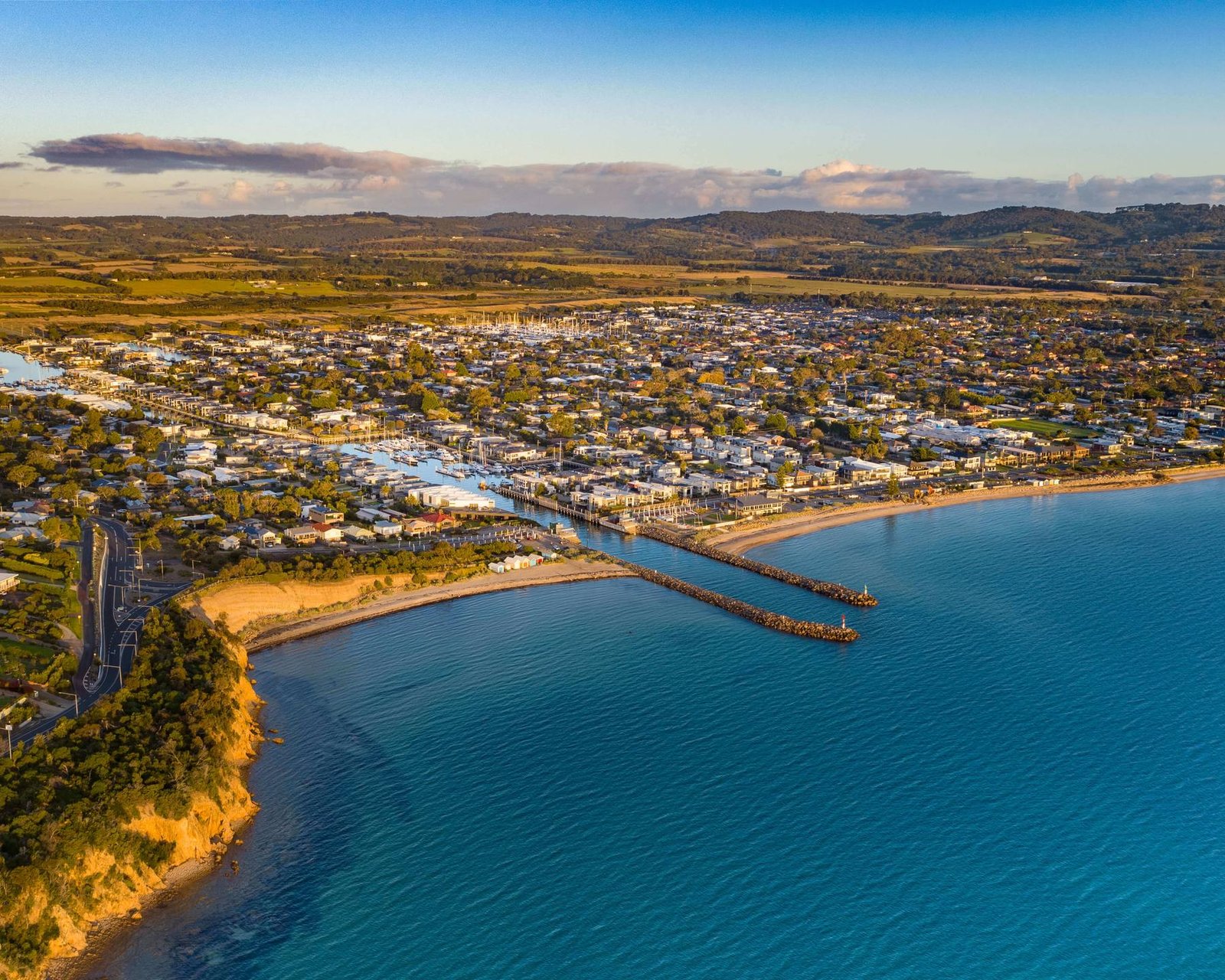 Aerial view along the Safety Beach and Mount Martha coastline